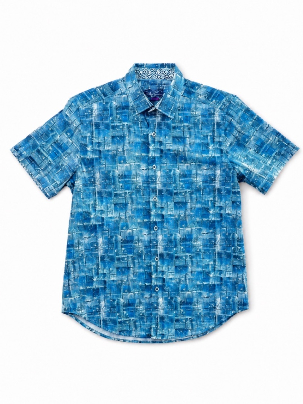 Robert Graham Men’s Medium Blue Geometric Print Short Slv Button Front Shirt EUC